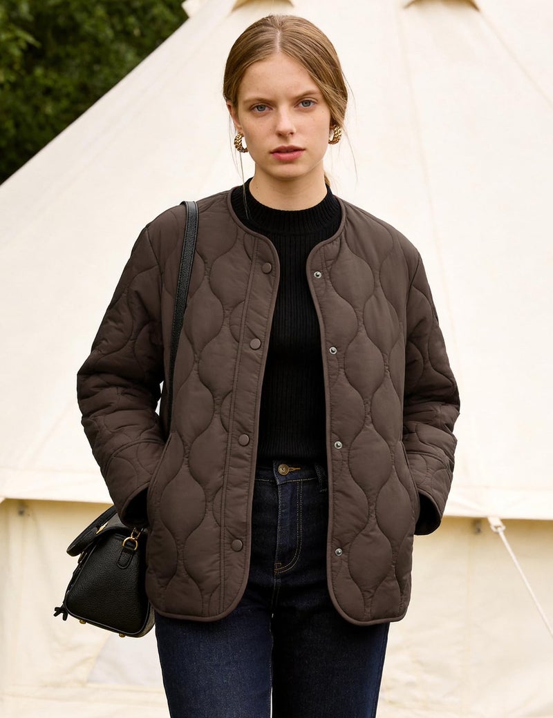 Flygo Women's Oversized Quilted Lightweight Jacket Button Down Puffer Padded Outerwear with Pocket(Coffee-XL) - Image 4