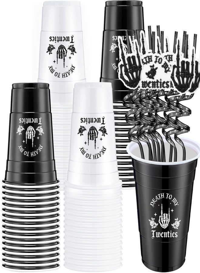 Jingmore 32 Pack Death to My 20s Decorations 16 Pcs Rip 20s Birthday Cups 16 oz Disposable Plastic Black White Cups and 16 Pcs Gothic Straws 30th Birthday Decoration for Halloween Party Supplies - Image 1
