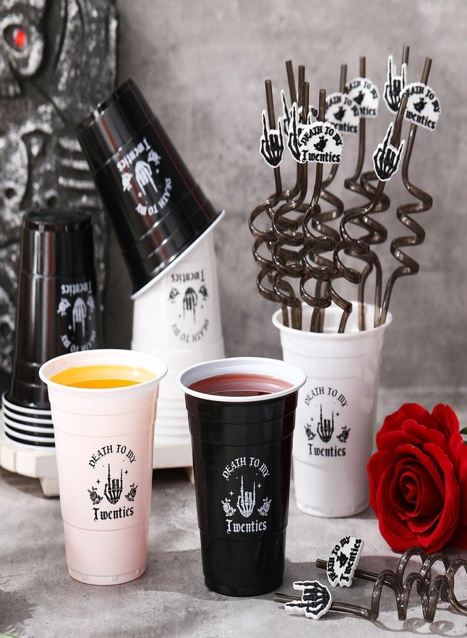 Jingmore 32 Pack Death to My 20s Decorations 16 Pcs Rip 20s Birthday Cups 16 oz Disposable Plastic Black White Cups and 16 Pcs Gothic Straws 30th Birthday Decoration for Halloween Party Supplies - Image 2