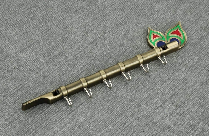 INDEED Lord Krishna Key Holder Hanger with Diamond Metal Peacock Flute Key Stand with 6 Hook Wall Mount Home Decor Gift Brass Antique - Image 1
