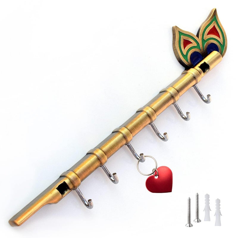 INDEED Lord Krishna Key Holder Hanger with Diamond Metal Peacock Flute Key Stand with 6 Hook Wall Mount Home Decor Gift Brass Antique - Image 2