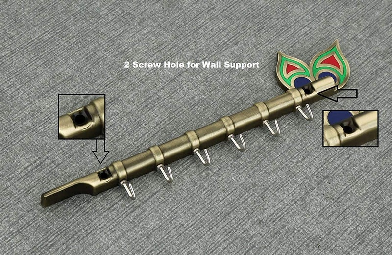 INDEED Lord Krishna Key Holder Hanger with Diamond Metal Peacock Flute Key Stand with 6 Hook Wall Mount Home Decor Gift Brass Antique - Image 5