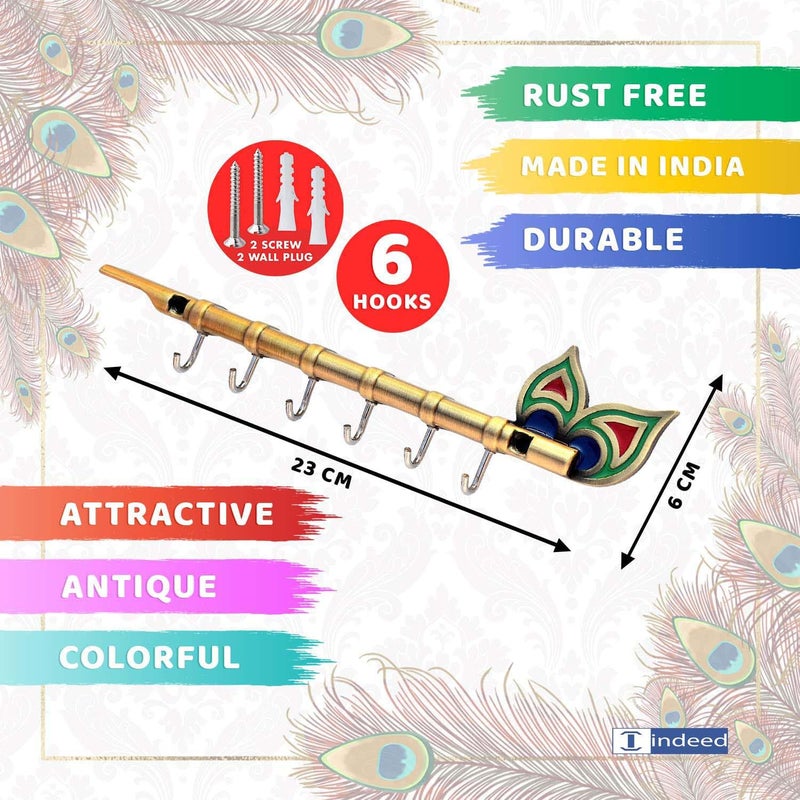 INDEED Lord Krishna Key Holder Hanger with Diamond Metal Peacock Flute Key Stand with 6 Hook Wall Mount Home Decor Gift Brass Antique - Image 3
