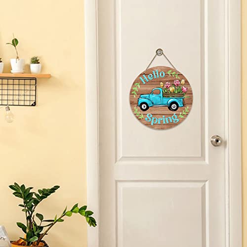Deroro Hello Spring Blue Truck Sign for Front Door Decor, Tulip Flowers Pickup Wood Door Hanger for Outdoor Outside Porch, Rustic Farmhouse Wooden Wreath Indoor Wall Hanging Decoration - Image 4