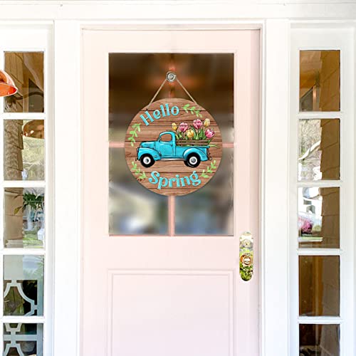 Deroro Hello Spring Blue Truck Sign for Front Door Decor, Tulip Flowers Pickup Wood Door Hanger for Outdoor Outside Porch, Rustic Farmhouse Wooden Wreath Indoor Wall Hanging Decoration - Image 5
