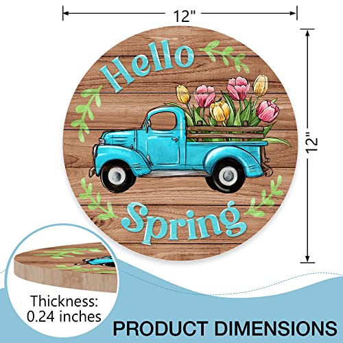 Deroro Hello Spring Blue Truck Sign for Front Door Decor, Tulip Flowers Pickup Wood Door Hanger for Outdoor Outside Porch, Rustic Farmhouse Wooden Wreath Indoor Wall Hanging Decoration - Image 2