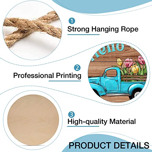 Deroro Hello Spring Blue Truck Sign for Front Door Decor, Tulip Flowers Pickup Wood Door Hanger for Outdoor Outside Porch, Rustic Farmhouse Wooden Wreath Indoor Wall Hanging Decoration - Image 3