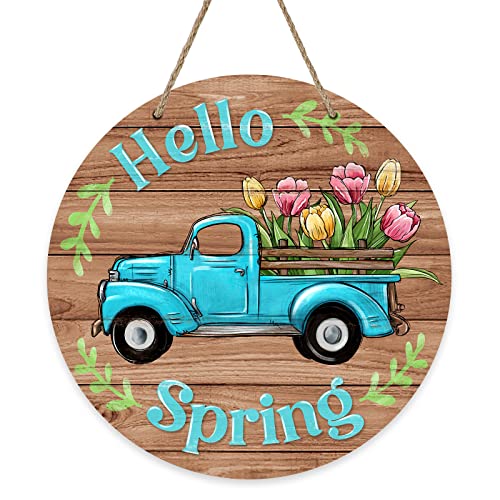 Deroro Hello Spring Blue Truck Sign for Front Door Decor, Tulip Flowers Pickup Wood Door Hanger for Outdoor Outside Porch, Rustic Farmhouse Wooden Wreath Indoor Wall Hanging Decoration - Image 1