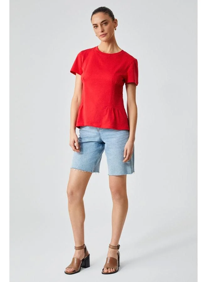 Grimelange JESSA Women's Corset-Detail 100% Organic Cotton Crew Neck Red T-Shirt.
