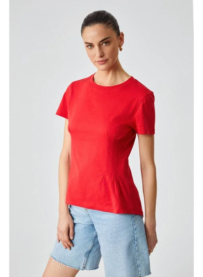 Grimelange JESSA Women's Corset-Detail 100% Organic Cotton Crew Neck Red T-Shirt.