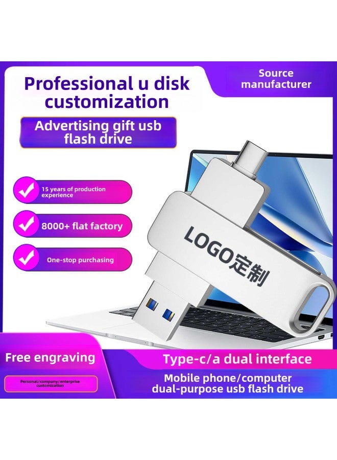 Metal Rotating USB Flash Drive Printed Logo Type-c Mobile Phone USB Computer High Speed 16GB Large Capacity Gift Wholesale - Color: Black USB3.0 - Capacity: 16GB - Image 2
