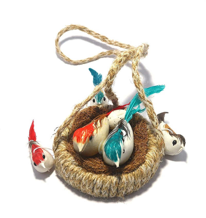 Pet Believe Handmade Artificial Jute Hanging Birds with Hanging Nest Jhumar Showpiece Chidiyan Ka Ghosla for Home Dcor Home Decoration Pack of 2 Decorative Jhumar 23 cm Jute Multicolor - Image 5