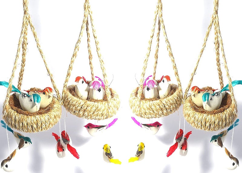 Pet Believe Handmade Artificial Jute Hanging Birds with Hanging Nest Jhumar Showpiece Chidiyan Ka Ghosla for Home Dcor Home Decoration Pack of 2 Decorative Jhumar 23 cm Jute Multicolor - Image 1