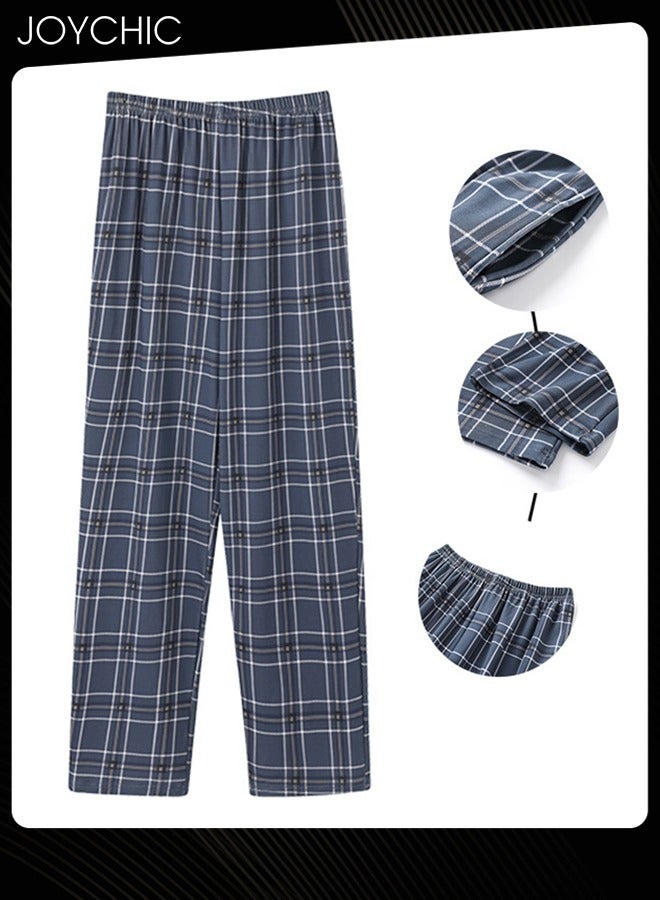 Joychic Spring and Autumn Men Causal Pajama Bottoms Plaid Sleep Trousers Knitted Cotton Loose Comfortable Breathable Youth Indoor Home Pants Blue  - Image 1