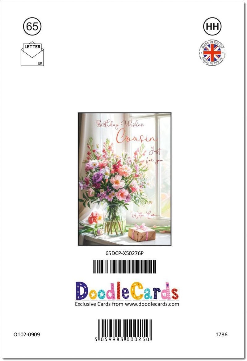 doodlecards بطاقة عيد ميلاد ابن العم "" باقة زهور وهدية، حجم متوسط مع ظرف عادي - Image 3