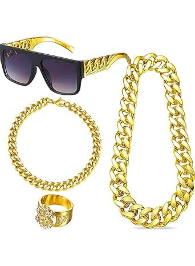 80's 90's Gold Necklace Glasses Set, Hip-hop Charm Punk Dollar Necklace Glasses Ring Bracelet Set for Men Women - Image 1