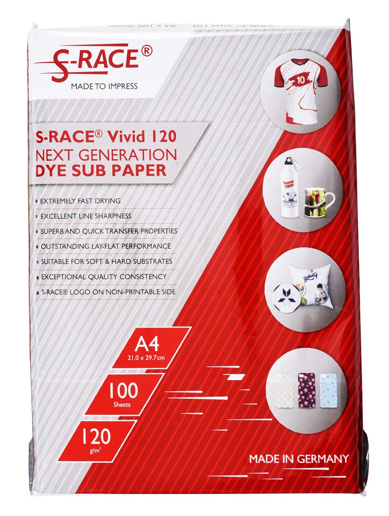 S-RACE: Vivid Dye Sublimation Paper 120GSM (A4 Size, 100 sheets, Pack of 1) Instant Dry, Heat Transfer Paper for Mug Printing, Mobile cases, Polyester clothes, T-shirts, Keychains & Other Ceramics - Image 1