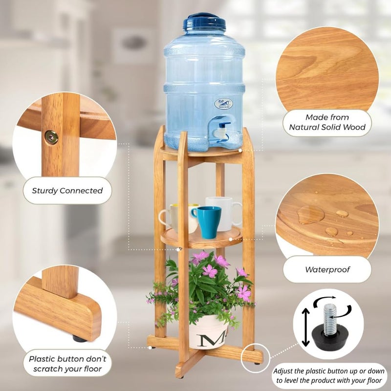 BETSEO Natural Solid Wood Water Dispenser Floor Stand (32.8" Hight-11.2" Wide) Drink Dispenser Floor Stand with 2 Round Shelfs Included for 1-5 Gallon Water Bottles/Crocks, Water Jug (Natural Wood Color) - Image 4