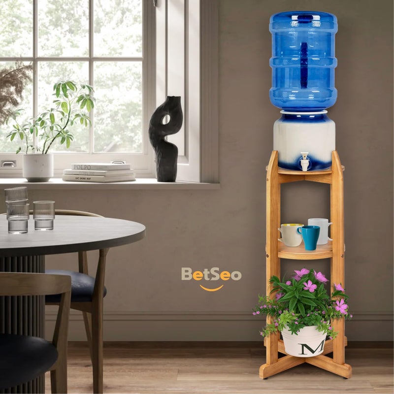BETSEO Natural Solid Wood Water Dispenser Floor Stand (32.8" Hight-11.2" Wide) Drink Dispenser Floor Stand with 2 Round Shelfs Included for 1-5 Gallon Water Bottles/Crocks, Water Jug (Natural Wood Color) - Image 5