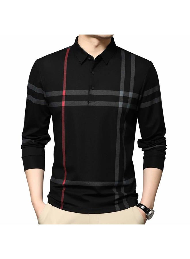 Womleys Mens Casual Striped Long Sleeve Collared T Shirt Polo Shirts, Black, XL - Image 1