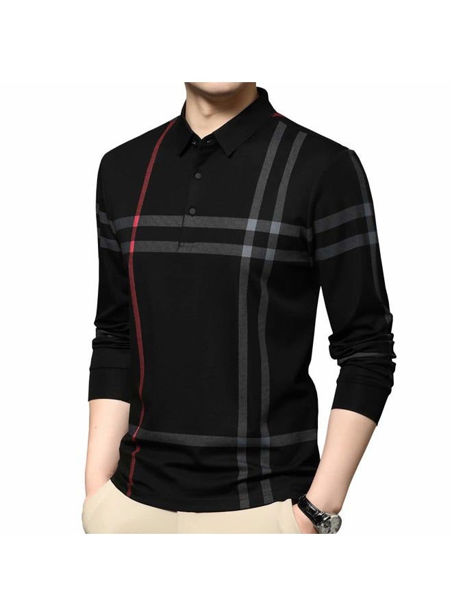 Womleys Mens Casual Striped Long Sleeve Collared T Shirt Polo Shirts, Black, XL - Image 2