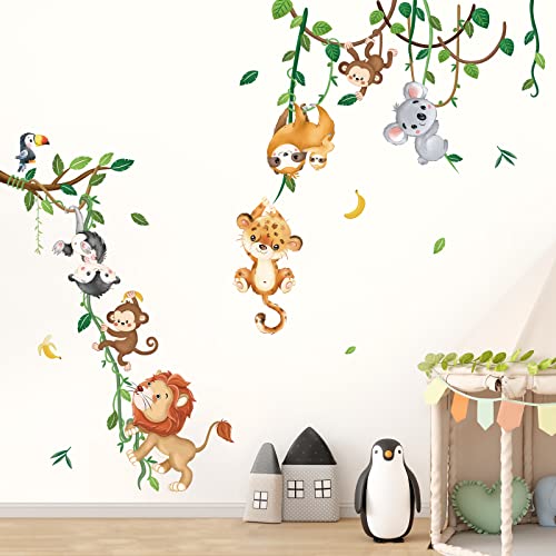 decalmile Jungle Animals Climbing Tree Wall Decals Monkey Lion Koala Tiger Wall Stickers Baby Nursery Kids Room Living Room Home Decor - Image 1