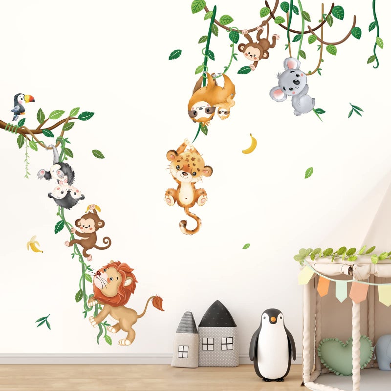 decalmile Jungle Animals Climbing Tree Wall Decals Monkey Lion Koala Tiger Wall Stickers Baby Nursery Kids Room Living Room Home Decor - Image 2