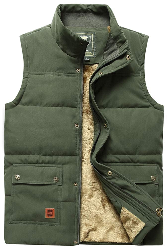 Vcansion Men's Outdoor Casual Stand Collar Thicken Qulited Fleece Jacket Padded Vest Lightweight Down Cotton Vest Coat Army Green US XL - Image 1