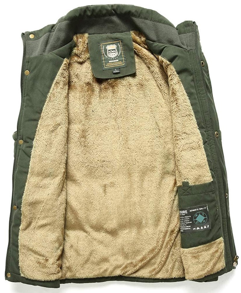 Vcansion Men's Outdoor Casual Stand Collar Thicken Qulited Fleece Jacket Padded Vest Lightweight Down Cotton Vest Coat Army Green US XL - Image 5