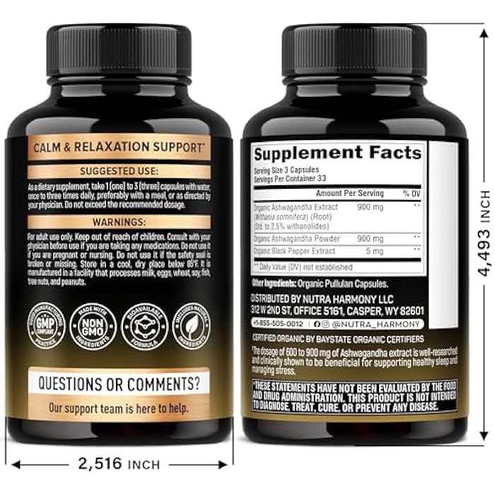 NUTRAHARMONY Ashwagandha Supplements 1800mg - USDA Organic Ashwagandha for Women & Men - Clinically Effective Strength for Stress Relief & Sleep - Powder & Root Extract 2.5% Withanolides - Made in USA 100 Capsules - Image 2