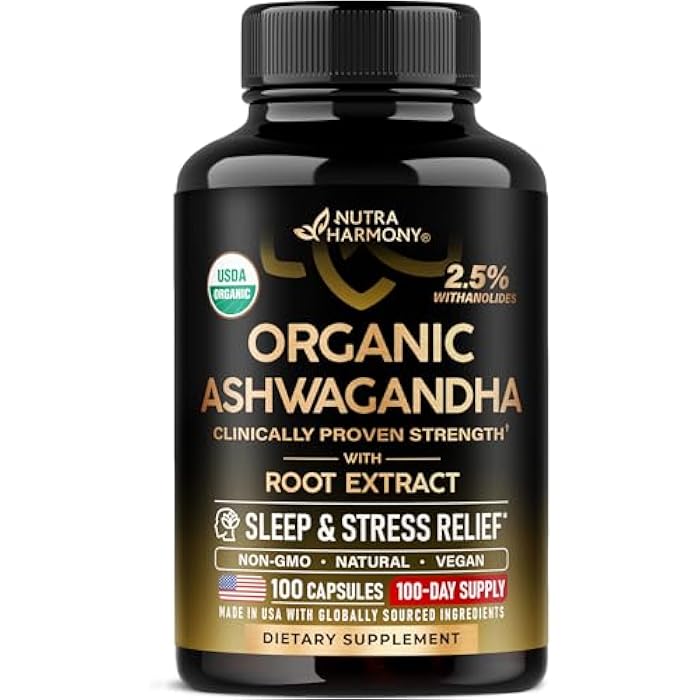 NUTRAHARMONY Ashwagandha Supplements 1800mg - USDA Organic Ashwagandha for Women & Men - Clinically Effective Strength for Stress Relief & Sleep - Powder & Root Extract 2.5% Withanolides - Made in USA 100 Capsules - Image 1