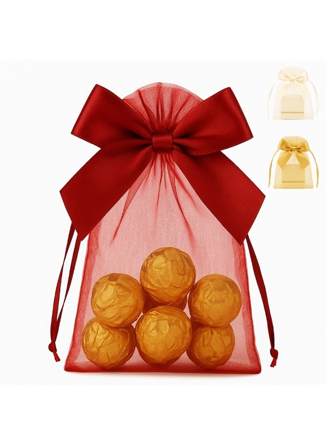 تصميم زينس ٢٥ كيس هدايا من الأورغانزا باللون الأحمر مع شريطة – مقاس ١٠×١٥ سم | أكياس برباط وشريطة ساتان لحفلات الزفاف، عيد الحب والعيد (أحمر) - Image 1