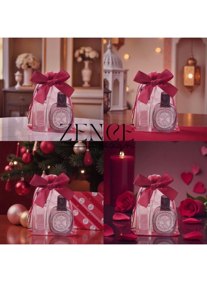 تصميم زينس ٢٥ كيس هدايا من الأورغانزا باللون الأحمر مع شريطة – مقاس ١٠×١٥ سم | أكياس برباط وشريطة ساتان لحفلات الزفاف، عيد الحب والعيد (أحمر) - Image 2