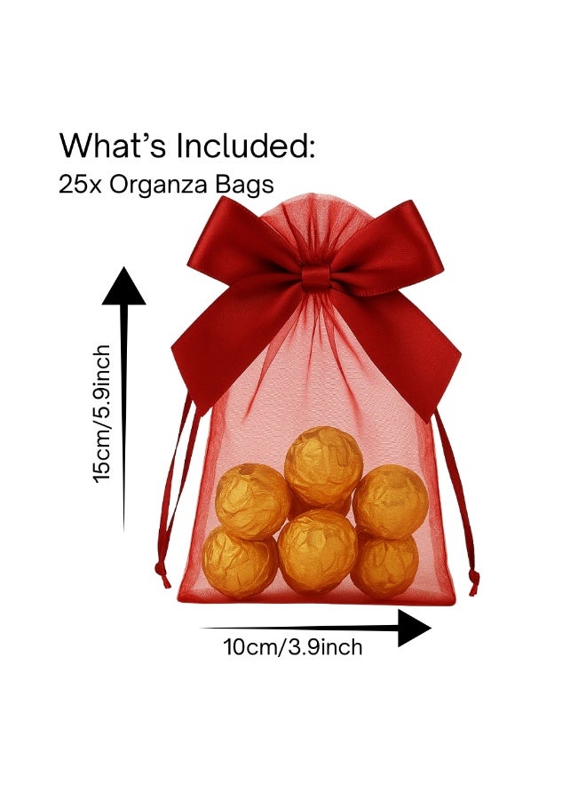 تصميم زينس ٢٥ كيس هدايا من الأورغانزا باللون الأحمر مع شريطة – مقاس ١٠×١٥ سم | أكياس برباط وشريطة ساتان لحفلات الزفاف، عيد الحب والعيد (أحمر) - Image 4