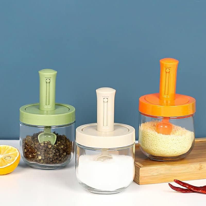 BKQPTL Spice Jars with Salt Container with Lid and Spoon 300ml Glass Seasoning Containers Sugar Dispenser for Kitchen Counter Telescopic Seasoning jar PACK OF 2 - Image 1