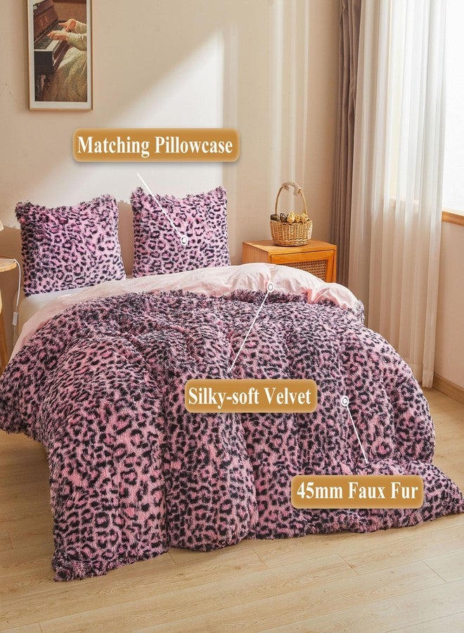 XeGe Cheetah Print Fluffy Faux Fur Duvet Cover Set, 3 Pieces Soft Plush Shaggy Fuzzy Bedding Set(1 Faux Fur Leopard Print Comforter Cover + 2 Furry Pillowcases), Zipper Closure(Queen, Black and Pink) - Image 2