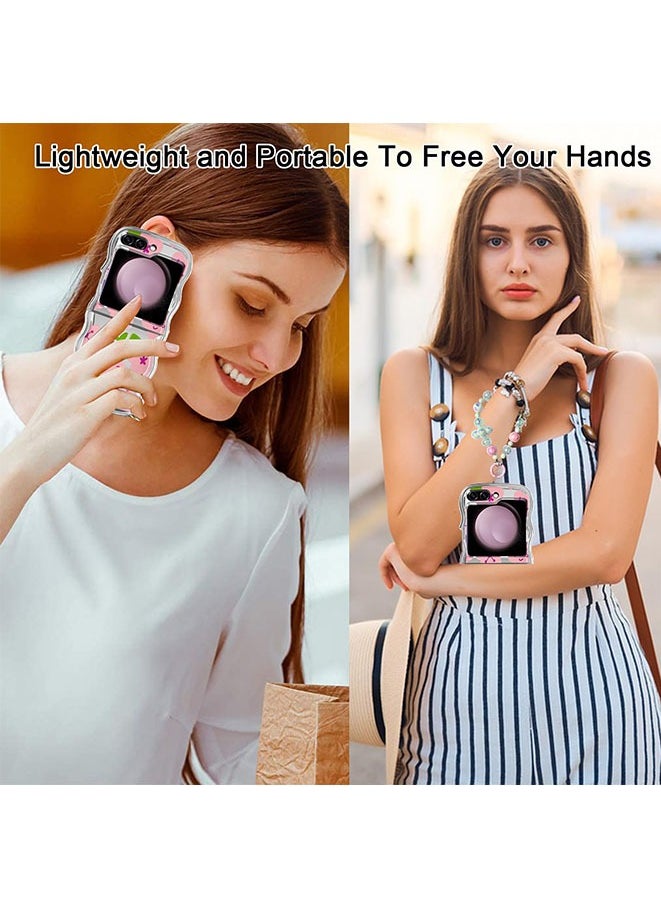 Case for Z Flip 5 with Strap and Phone Card Gasket Cute Flower Curly Wave Frame Electroplated Galaxy Z Flip 5 Case