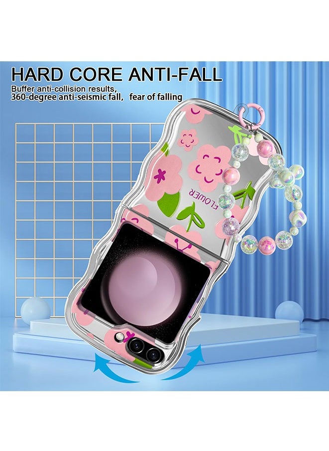 Case for Z Flip 5 with Strap and Phone Card Gasket Cute Flower Curly Wave Frame Electroplated Galaxy Z Flip 5 Case