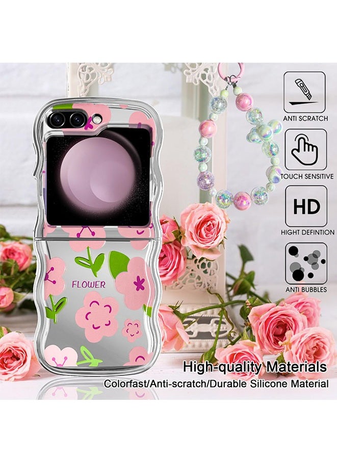 Case for Z Flip 5 with Strap and Phone Card Gasket Cute Flower Curly Wave Frame Electroplated Galaxy Z Flip 5 Case