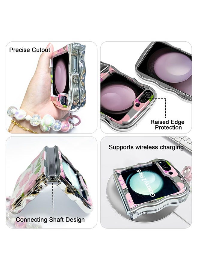 Case for Z Flip 5 with Strap and Phone Card Gasket Cute Flower Curly Wave Frame Electroplated Galaxy Z Flip 5 Case