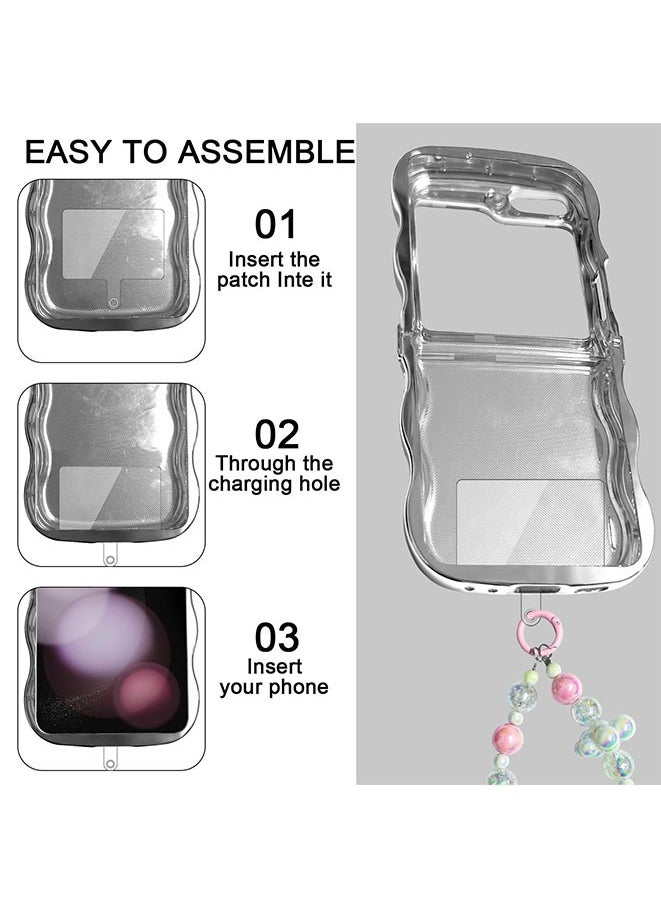 Case for Z Flip 5 with Strap and Phone Card Gasket Cute Flower Curly Wave Frame Electroplated Galaxy Z Flip 5 Case