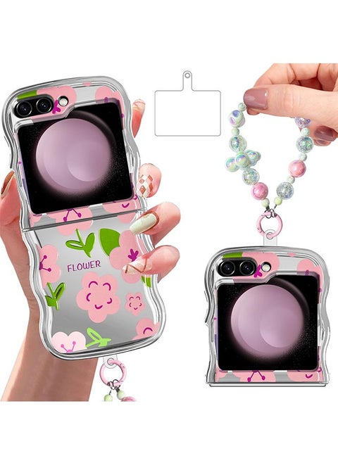 Case for Z Flip 5 with Strap and Phone Card Gasket Cute Flower Curly Wave Frame Electroplated Galaxy Z Flip 5 Case