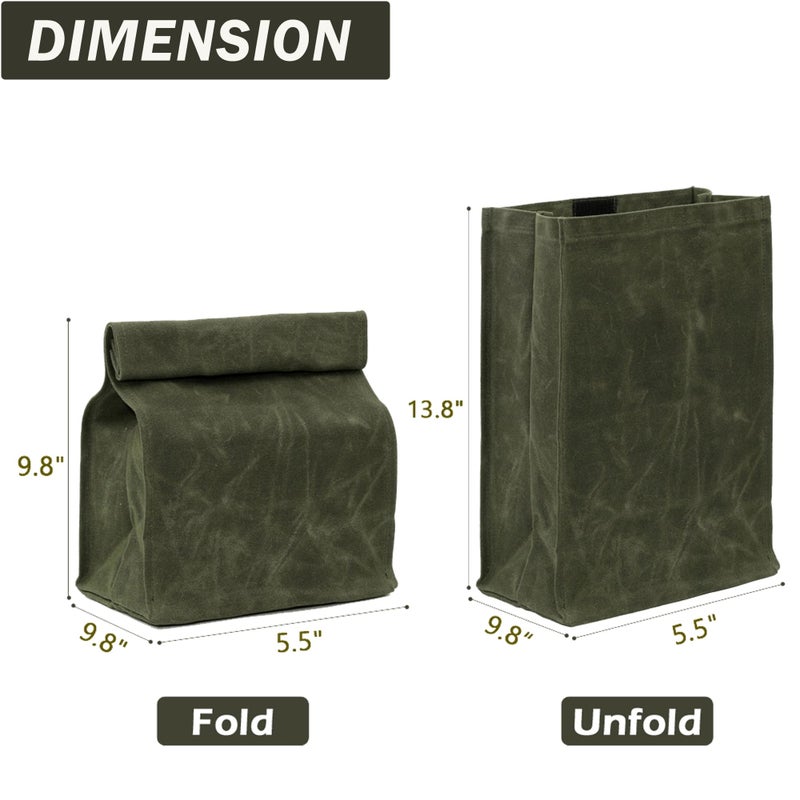 Kaaltisy Heavy Duty 16oz Waxed Canvas Lunch Bag, Foldable Lunch Box with Hook & Loop, Reusable Meal Holder for Men Women - Army Green - Hard Feel - Image 2