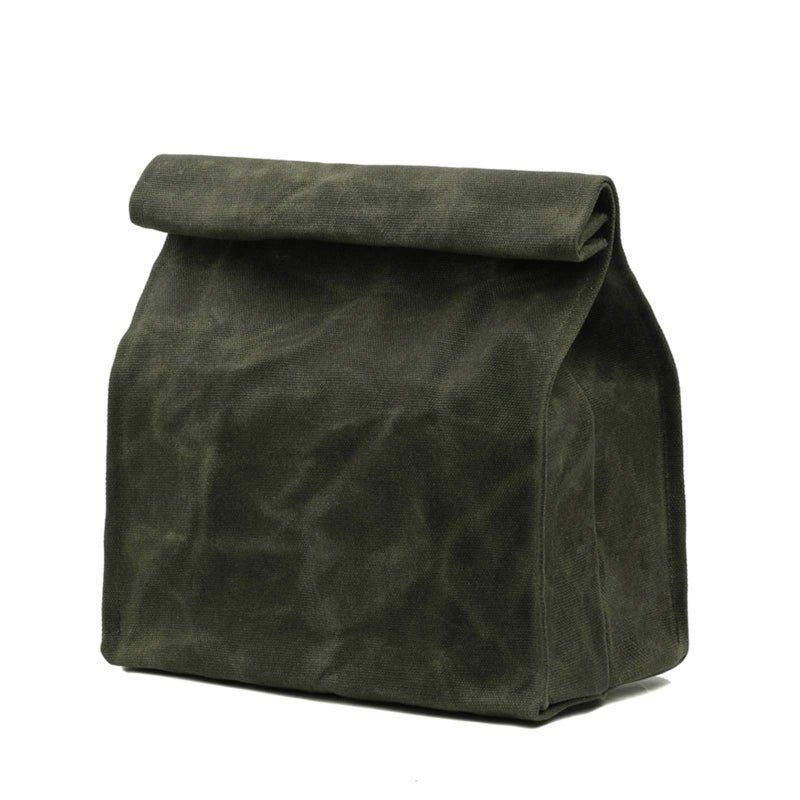 Kaaltisy Heavy Duty 16oz Waxed Canvas Lunch Bag, Foldable Lunch Box with Hook & Loop, Reusable Meal Holder for Men Women - Army Green - Hard Feel - Image 1