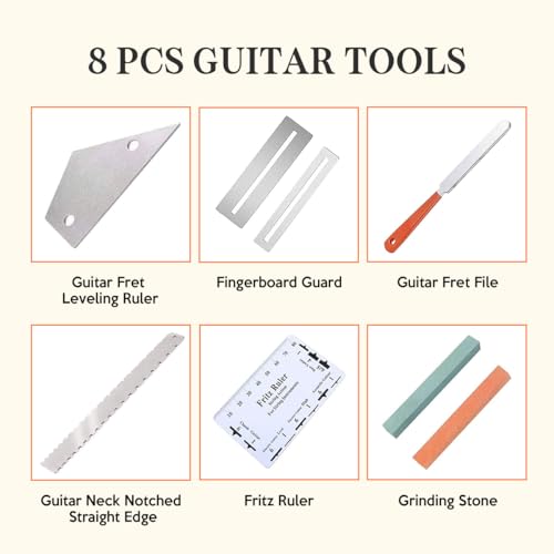 Kuylive Guitar Neck Notched Straight Edge Luthiers Tool with Guitar Fret File, Fret Rocker, Fingerboard Guards Protectors and Grinding Stones for Gibson 24.75" and Fender 25.5" Electric Guitars - Image 2