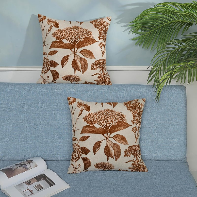 GOLIANDA Orange Pillow Covers 18x18 Set of 2 Vintage Boho Floral Hydrangea Herbs Botanical Fall Throw Pillows Fall Outdoor Decoration Pillowcase Linen Farmhouse Cushion Case Decorative for Couch Sofa - Image 4