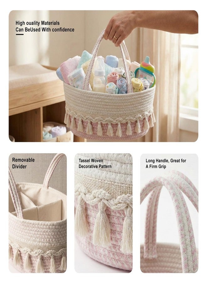 TUWEIPAIKE Diaper Caddy Organizer, Stylish Nursery Storage Basket, Baby Shower Basket with Tassel Decorative Appearance, Portable Storage Basket Suitable for Family and Car Travel (pinkish white) - Image 3