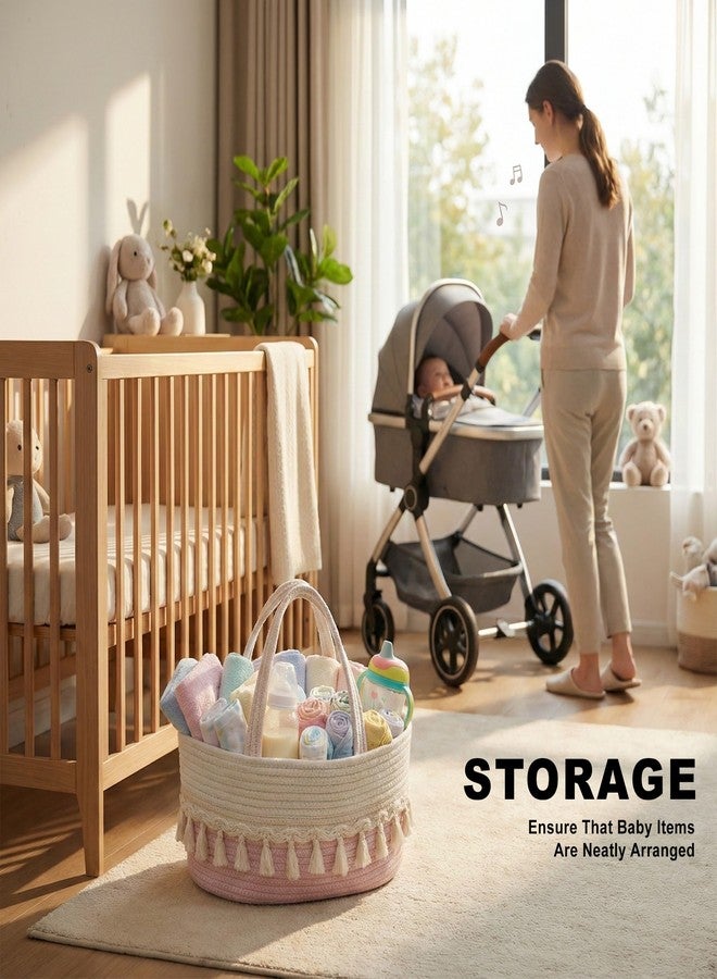 TUWEIPAIKE Diaper Caddy Organizer, Stylish Nursery Storage Basket, Baby Shower Basket with Tassel Decorative Appearance, Portable Storage Basket Suitable for Family and Car Travel (pinkish white) - Image 2