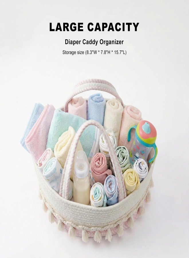 TUWEIPAIKE Diaper Caddy Organizer, Stylish Nursery Storage Basket, Baby Shower Basket with Tassel Decorative Appearance, Portable Storage Basket Suitable for Family and Car Travel (pinkish white) - Image 5