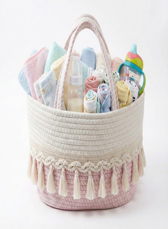 TUWEIPAIKE Diaper Caddy Organizer, Stylish Nursery Storage Basket, Baby Shower Basket with Tassel Decorative Appearance, Portable Storage Basket Suitable for Family and Car Travel (pinkish white) - Image 1